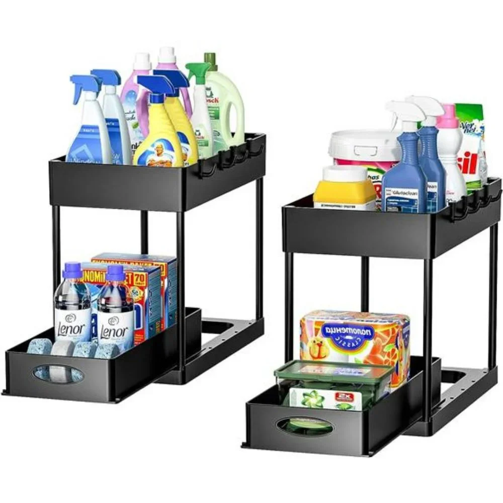 2 Pack Under Sink Organizer, 2-Tier Sliding Cabinet Basket Organizer with Hooks